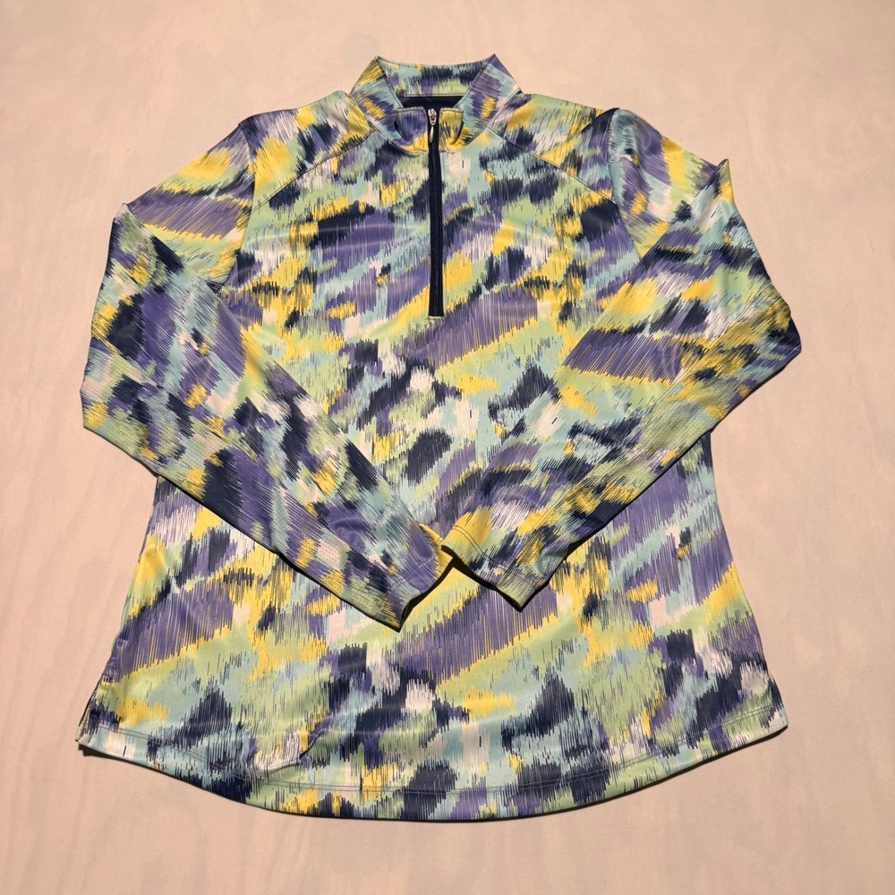 Bermuda Sands Quarter Zip Pullover‎ Womens Small Blue Yellow Abstract Golf Top